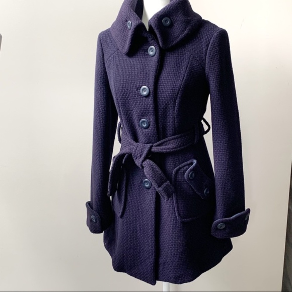 Anthropologie Elevenses Button Front Navy Belted Wool Coat
